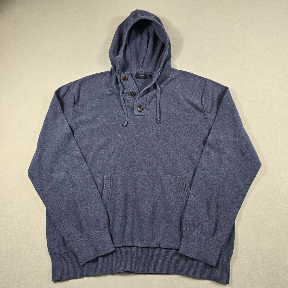 J. Crew Men's Large Blue 1/4 Button Pullover Hooded Sweatshirt 100% Cotton